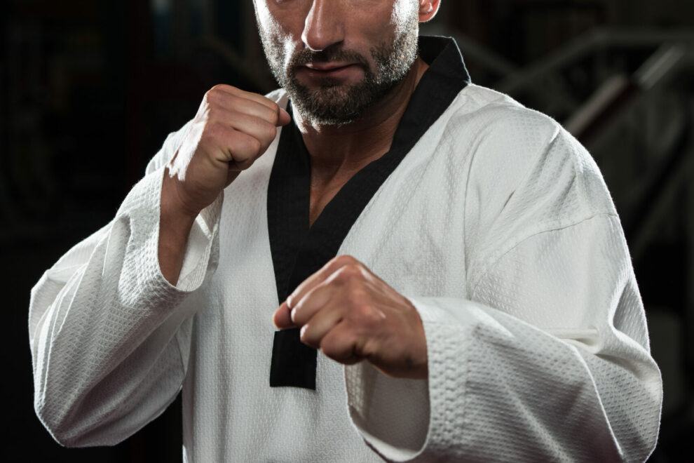 a black belt in fighting stance